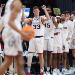 DENVER, COLORADO - MARCH 19: The Gonzaga Bulldogs bench reacts in the closing seconds of the 84-81 victory over the TCU Horned Frogs in the second round of the NCAA Men's Basketball Tournament at Ball Arena on March 19, 2023 in Denver, Colorado. (Photo by Sean M. Haffey/Getty Images)