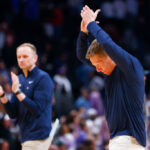 DENVER, COLORADO - MARCH 19: Head coach Mark Few of the Gonzaga Bulldogs reacts after the 84-81 victory over the TCU Horned Frogs in the second round of the NCAA Men's Basketball Tournament at Ball Arena on March 19, 2023 in Denver, Colorado. (Photo by Justin Edmonds/Getty Images)