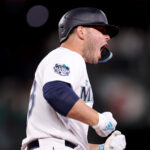 SEATTLE, WASHINGTON - MARCH 30: Ty France #23 of the Seattle Mariners celebrates his three run home run against the Cleveland Guardians during the eighth inning during Opening Day at T-Mobile Park on March 30, 2023 in Seattle, Washington. (Photo by Steph Chambers/Getty Images)