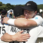 
              New Zealand's Neil Wagner, left, and teammate Matt Henry embrace after New Zealand won by 1 run on day 5 of their cricket test match against England in Wellington, New Zealand, Tuesday, Feb 28, 2023. (Andrew Cornaga/Photosport via AP)
            
