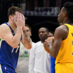 
              Dallas Mavericks guard Luka Doncic (77) reacts to a foul call during the second half of NBA basketball game against the Indiana Pacers in Dallas, Tuesday, Feb. 28, 2023. (AP Photo/Sam Hodde)
            
