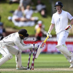 
              New Zealand's Tom Blundell, left, runs out England's Harry Brook on day 5 of their cricket test match in Wellington, New Zealand, Tuesday, Feb 28, 2023. (Andrew Cornaga/Photosport via AP)
            