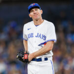 TORONTO, ON - APRIL 30: Chris Bassitt #40 of the Toronto Blue Jays reacts as he pitches in the first inning of their MLB game against the Seattle Mariners at Rogers Centre on April 30, 2023 in Toronto, Canada. (Photo by Cole Burston/Getty Images)
