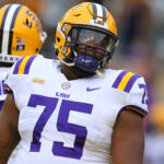 BATON ROUGE, LOUISIANA - OCTOBER 24: Anthony Bradford #75 of the LSU Tigers reacts against the South Carolina Gamecocks during a game at Tiger Stadium on October 24, 2020 in Baton Rouge, Louisiana. (Photo by Jonathan Bachman/Getty Images)