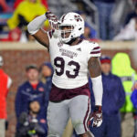 OXFORD, MISSISSIPPI - NOVEMBER 24: Cameron Young #93 of the Mississippi State Bulldogs reacts during the second half against the Mississippi Rebels at Vaught-Hemingway Stadium on November 24, 2022 in Oxford, Mississippi. (Photo by Justin Ford/Getty Images)
