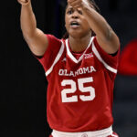 CHARLOTTE, NORTH CAROLINA - DECEMBER 21: Madi Williams #25 of the Oklahoma Sooners reacts during their game against the Florida Gators at Spectrum Center on December 21, 2022 in Charlotte, North Carolina. (Photo by Grant Halverson/Getty Images)