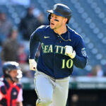 CLEVELAND, OHIO - APRIL 09: Jarred Kelenic #10 of the Seattle Mariners celebrates after hitting an RBI double during the eleventh inning against the Cleveland Guardians at Progressive Field on April 09, 2023 in Cleveland, Ohio. (Photo by Jason Miller/Getty Images)
