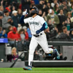 SEATTLE, WASHINGTON - APRIL 22: Teoscar Hernandez #35 of the Seattle Mariners gestures after two-run home run during the sixth inning against the St. Louis Cardinals at T-Mobile Park on April 22, 2023 in Seattle, Washington. (Photo by Alika Jenner/Getty Images)