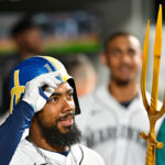 SEATTLE, WASHINGTON - APRIL 22: Teoscar Hernandez #35 of the Seattle Mariners looks on after hitting a two-run home run during the sixth inning against the St. Louis Cardinals at T-Mobile Park on April 22, 2023 in Seattle, Washington. (Photo by Alika Jenner/Getty Images)