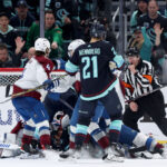 SEATTLE, WASHINGTON - APRIL 24: The puck goes into the net as it dislodges during the third period in Game Four of the First Round of the 2023 Stanley Cup Playoffs between the Seattle Kraken and the Colorado Avalanche at Climate Pledge Arena on April 24, 2023 in Seattle, Washington. (Photo by Steph Chambers/Getty Images)