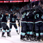 SEATTLE, WASHINGTON - APRIL 24: The Seattle Kraken celebrate the winning goal by Jordan Eberle #7 against the Colorado Avalanche during overtime in Game Four of the First Round of the 2023 Stanley Cup Playoffs at Climate Pledge Arena on April 24, 2023 in Seattle, Washington. (Photo by Steph Chambers/Getty Images)