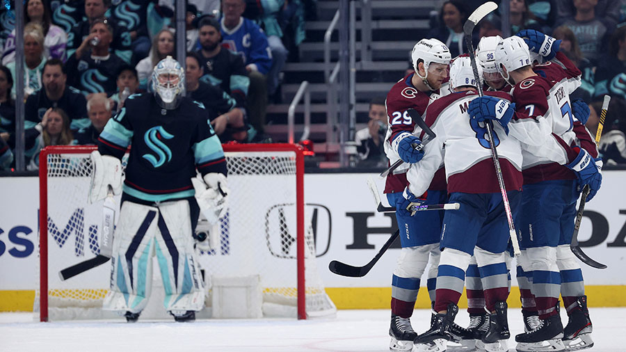 The Colorado Avalanche celebrate a goal against the Seattle Kraken on April 28, 2023. (Steph Chambe...