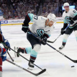 DENVER, COLORADO - APRIL 30: Jaden Schwartz #17 of the Seattle Kraken looks for an opening against the Colorado Avalanche in Game Seven of the First Round of the 2023 Stanley Cup Playoffs at Ball Arena on April 30, 2023 in Denver, Colorado. (Photo by Matthew Stockman/Getty Images)