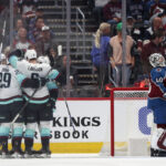 DENVER, COLORADO - APRIL 30:  The Seattle Kraken celebrate the first goal by Oliver Bjorkstrand against the Colorado Avalanche in the second period in Game Seven of the First Round of the 2023 Stanley Cup Playoffs at Ball Arena on April 30, 2023 in Denver, Colorado. (Photo by Matthew Stockman/Getty Images)