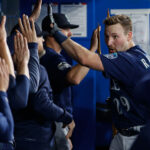 Cal Raleigh celebrates a homer in the eighth inning of the Mariners' win on April 30, 2023. (Photo by Cole Burston/Getty Images)