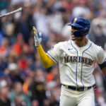 SEATTLE, WA - MAY 07: Julio Rodriguez #44 of the Seattle Mariners flips his bat after hitting a solo home run off starting pitcher Brandon Bielak #64 of the Houston Astros during the third inning of a game at T-Mobile Park on May 7, 2023 in Seattle, Washington. (Photo by Stephen Brashear/Getty Images)
