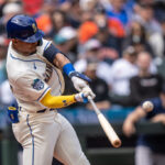 SEATTLE, WA - MAY 07: Julio Rodriguez #44 of the Seattle Mariners hits a solo home run off starting pitcher Brandon Bielak #64 of the Houston Astros during the third inning of a game at T-Mobile Park of a game on May 7, 2023 in Seattle, Washington. (Photo by Stephen Brashear/Getty Images)
