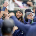 DETROIT, MICHIGAN - MAY 12: J.P. Crawford #3 of the Seattle Mariners celebrates after scoring a run against the Detroit Tigers during the top of the first inning at Comerica Park on May 12, 2023 in Detroit, Michigan. (Photo by Nic Antaya/Getty Images)