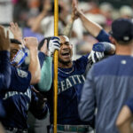 DETROIT, MICHIGAN - MAY 12: Julio Rodriguez #44 of the Seattle Mariners celebrates after hitting a home run against the Detroit Tigers during the top of the ninth inning at Comerica Park on May 12, 2023 in Detroit, Michigan. (Photo by Nic Antaya/Getty Images)