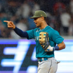 ATLANTA, GA - MAY 20: Julio Rodriguez #44 of the Seattle Mariners reacts at the conclusion of the 7-3 victory over the Atlanta Braves at Truist Park on May 20, 2023 in Atlanta, Georgia. (Photo by Todd Kirkland/Getty Images)