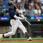 SEATTLE, WA - MAY 24: Sam Haggerty #0 of the Seattle Mariners hits a two-run double during the fourth inning the Oakland Athletics at T-Mobile Park on May 24, 2023 in Seattle, Washington. (Photo by Stephen Brashear/Getty Images)