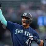 SEATTLE, WA - MAY 24: Julio Rodriguez #44 of the Seattle Mariners celebrates after hitting an RBI-single off relief pitcher Ken Waldichuk #64 of the Oakland Athletics during the fourth inning of a game at T-Mobile Park on May 24, 2023 in Seattle, Washington. (Photo by Stephen Brashear/Getty Images)