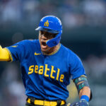 SEATTLE, WA - MAY 26: Julio Rodriguez #44 of the Seattle Mariners celebrates after hitting a two-run single off starting pitcher Mitch Keller #23 of the Pittsburgh Pirates during the fifth inning of a game at T-Mobile Park on May 26, 2023 in Seattle, Washington. (Photo by Stephen Brashear/Getty Images)