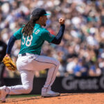 SEATTLE, WA - MAY 27: Starter Luis Castillo #58 of the Seattle Mariners celebrates after a striking out Carlos Santana #41 of the Pittsburgh Pirates to end the top half of the sixth inning of a game at T-Mobile Park on May 27, 2023 in Seattle, Washington. (Photo by Stephen Brashear/Getty Images)