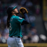 SEATTLE, WA - MAY 27: Starting pitcher Luis Castillo #58 of the Seattle Mariners reacts as he walks off the field during the first inning of a game against the Pittsburgh Pirates at T-Mobile Park on May 27, 2023 in Seattle, Washington. (Photo by Stephen Brashear/Getty Images)