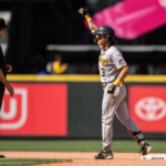 SEATTLE, WA - MAY 28: Ji Hwan Bae #3 of the Pittsburgh Pirates celebrates after hitting a double off relief pitcher Trevor Gott #30 of the Seattle Mariners ninth inning of a game at T-Mobile Park on May 28, 2023 in Seattle, Washington. (Photo by Stephen Brashear/Getty Images)