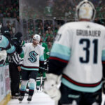 DALLAS, TEXAS - MAY 02: Oliver Bjorkstrand #22 of the Seattle Kraken celebrates after scoring a goal against the Dallas Stars in the first period in Game One of the Second Round of the 2023 Stanley Cup Playoffs at American Airlines Center on May 02, 2023 in Dallas, Texas. (Photo by Tom Pennington/Getty Images)