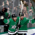 DALLAS, TEXAS - MAY 02: Joe Pavelski #16 of the Dallas Stars celebrates with Jani Hakanpää #2 of the Dallas Stars after scoring his fourth goal against the Seattle Kraken in the third period in Game One of the Second Round of the 2023 Stanley Cup Playoffs at American Airlines Center on May 02, 2023 in Dallas, Texas. (Photo by Tom Pennington/Getty Images)