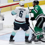 DALLAS, TEXAS - MAY 02: Joe Pavelski #16 of the Dallas Stars scores a hat trick goal against Philipp Grubauer #31 of the Seattle Kraken in the third period in Game One of the Second Round of the 2023 Stanley Cup Playoffs at American Airlines Center on May 02, 2023 in Dallas, Texas. (Photo by Tom Pennington/Getty Images)