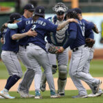OAKLAND, CALIFORNIA - MAY 04: The Seattle Mariners celebrates defeating the Oakland Athletics 5-3 at RingCentral Coliseum on May 04, 2023 in Oakland, California. (Photo by Thearon W. Henderson/Getty Images)