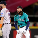 SEATTLE, WASHINGTON - MAY 06: J.P. Crawford #3 of the Seattle Mariners reacts after his 3-run RBI double during the eighth inning against the Houston Astros at T-Mobile Park on May 06, 2023 in Seattle, Washington. (Photo by Steph Chambers/Getty Images)