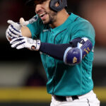 SEATTLE, WASHINGTON - MAY 06: Jose Caballero #76 of the Seattle Mariners reacts after his two-run RBI double during the eighth inning against the Houston Astros at T-Mobile Park on May 06, 2023 in Seattle, Washington. (Photo by Steph Chambers/Getty Images)