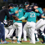 SEATTLE, WASHINGTON - MAY 06: The Seattle Mariners celebrate their 7-5 win against the Houston Astros at T-Mobile Park on May 06, 2023 in Seattle, Washington. (Photo by Steph Chambers/Getty Images)