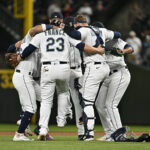 SEATTLE, WASHINGTON - MAY 09: Jose Caballero #76, Kolten Wong #16, Eugenio Suarez #28, Ty France #23, Tom Murphy #2, and Juan Then #43 of the Seattle Mariners dance after the game against the Texas Rangers at T-Mobile Park on May 09, 2023 in Seattle, Washington. The Seattle Mariners won 5-0. (Photo by Alika Jenner/Getty Images)