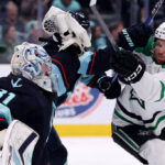 SEATTLE, WASHINGTON - MAY 13: Philipp Grubauer #31 of the Seattle Kraken makes a save against Radek Faksa #12 of the Dallas Stars during the first period in Game Six of the Second Round of the 2023 Stanley Cup Playoffs at Climate Pledge Arena on May 13, 2023 in Seattle, Washington. (Photo by Steph Chambers/Getty Images)