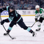 SEATTLE, WASHINGTON - MAY 13: Tye Kartye #52 of the Seattle Kraken scores a goal against the Dallas Stars during the second period in Game Six of the Second Round of the 2023 Stanley Cup Playoffs at Climate Pledge Arena on May 13, 2023 in Seattle, Washington. (Photo by Steph Chambers/Getty Images)