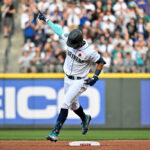 SEATTLE, WASHINGTON - MAY 29: Julio Rodriguez #44 of the Seattle Mariners gestures while touching second base after hitting a one-run home run during the fourth inning against the New York Yankees at T-Mobile Park on May 29, 2023 in Seattle, Washington. (Photo by Alika Jenner/Getty Images)
