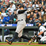 SEATTLE, WASHINGTON - MAY 29: Aaron Judge #99 of the New York Yankees hits a double during the fifth inning against the Seattle Mariners at T-Mobile Park on May 29, 2023 in Seattle, Washington. (Photo by Alika Jenner/Getty Images)