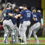 SAN DIEGO, CA - JUNE 6:  The Seattle Mariners celebrate a 4-1 win over the San Diego Padres on June 6, 2023 at Petco Park in San Diego, California. (Photo by Denis Poroy/Getty Images)