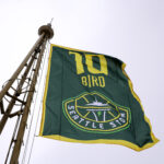 SEATTLE, WASHINGTON - JUNE 09: Sue Bird's flag waves, ahead of her Seattle Storm jersey retirement celebration, at The Space Needle on June 09, 2023 in Seattle, Washington. (Photo by Steph Chambers/Getty Images)