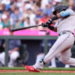 SEATTLE, WASHINGTON - JUNE 12: Jean Segura #9 of the Miami Marlins breaks his bat during the second inning Mariners at T-Mobile Park on June 12, 2023 in Seattle, Washington. (Photo by Steph Chambers/Getty Images)