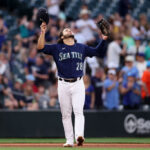 SEATTLE, WASHINGTON - JUNE 12: Eugenio Suarez #28 of the Seattle Mariners reacts after beating the Miami Marlins 8-1 at T-Mobile Park on June 12, 2023 in Seattle, Washington. (Photo by Steph Chambers/Getty Images)
