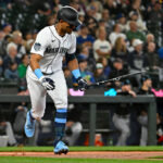 SEATTLE, WASHINGTON - JUNE 18: Julio Rodriguez #44 of the Seattle Mariners looks at his bat during the first inning against the Chicago White Sox at T-Mobile Park on June 18, 2023 in Seattle, Washington. (Photo by Alika Jenner/Getty Images)