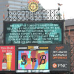 BALTIMORE, MARYLAND - JUNE 23: The scoreboard announces the game between the Seattle Mariners and the Baltimore Orioles will be delayed due to weather at Oriole Park at Camden Yards on June 23, 2023 in Baltimore, Maryland.  (Photo by Mitchell Layton/Getty Images)