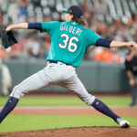 BALTIMORE, MARYLAND - JUNE 23: Logan Gilbert #36 of the Seattle Mariners pitches in the third inning against the Baltimore Orioles at Oriole Park at Camden Yards on June 23, 2023 in Baltimore, Maryland. (Photo by Mitchell Layton/Getty Images)