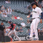 SEATTLE, WASHINGTON - JUNE 26: Luis Castillo #58 of the Seattle Mariners reacts after giving up a home run to Lane Thomas #28 of the Washington Nationals during the first inning at T-Mobile Park on June 26, 2023 in Seattle, Washington. (Photo by Steph Chambers/Getty Images)